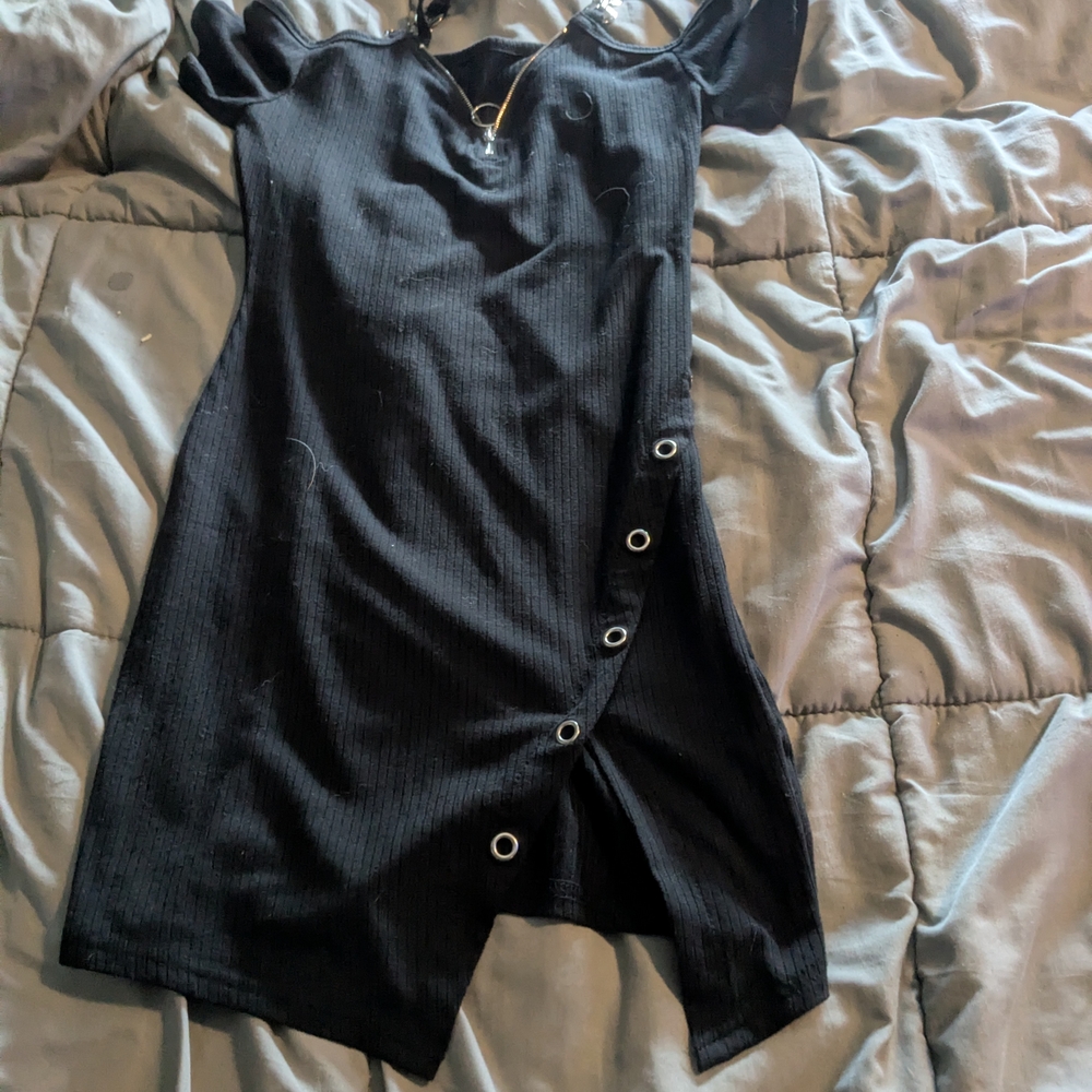 Black Off-Shoulder Dress with Button Detail